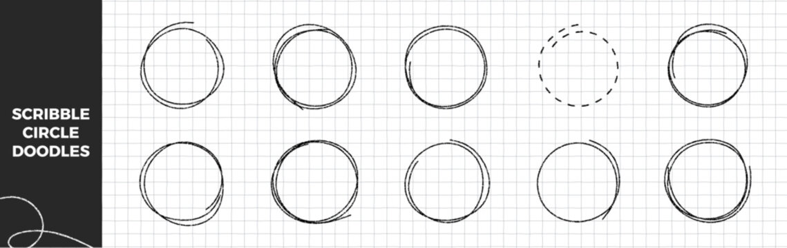 Hand drawn crayon scribble circle highlight set. Chalk or pencil texture lines. Round pen bubbles frame doodles. Circular marker outline shapes. Thin rough strokes. Vector illustration