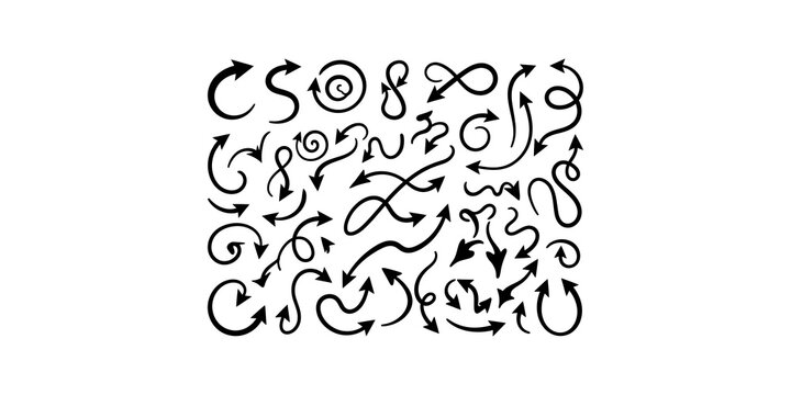 Black curly arrow collection featuring varied swirls and loops for infographic design and navigational paths.