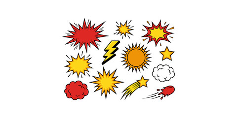 Comic book speech bubbles and explosion shapes with vibrant colors for dynamic graphic design and action scenes. © Jpeg shop opened
