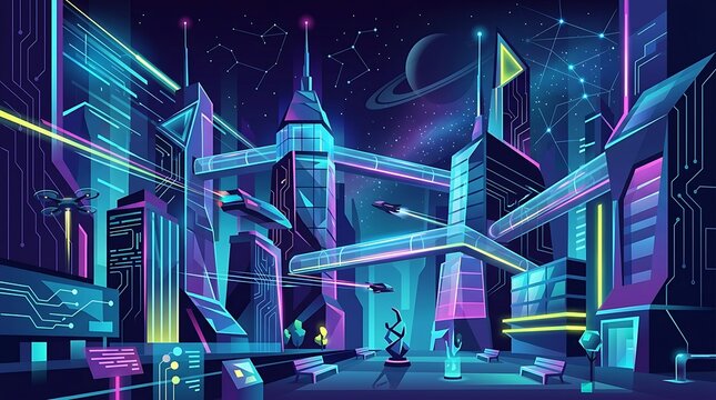 Futuristic cyberpunk cityscape at night with flying vehicles and neon lights in outer space