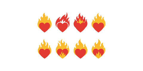 Heart icons with red flames set featuring diverse fire styles for romantic greeting cards and love themed graphics. © Jpeg shop opened