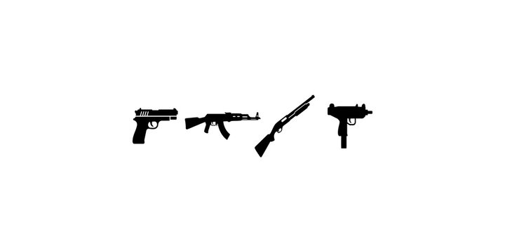 Four black silhouettes of firearms including pistol rifle shotgun and submachine gun for security and defense.