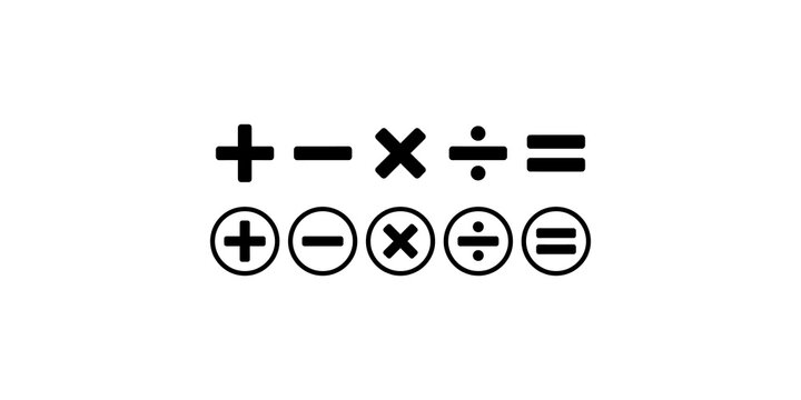 Mathematical signs set featuring plus minus multiply divide and equal operators in plain and circled black icons.