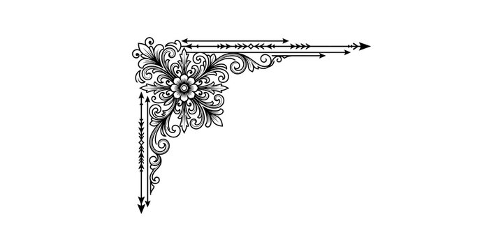 Black vintage floral corner border with decorative arrow details for elegant graphic design and document frame.