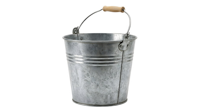 A 3D photographic object of a galvanized metal bucket featuring horizontal ribbed bands, a wire bail handle attached with riveted ears, and a cylindrical wooden grip in the center isolated on a white