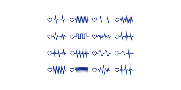 Collection of blue heart rate icons featuring various pulse rhythms for cardiac medical monitoring diagnostics.