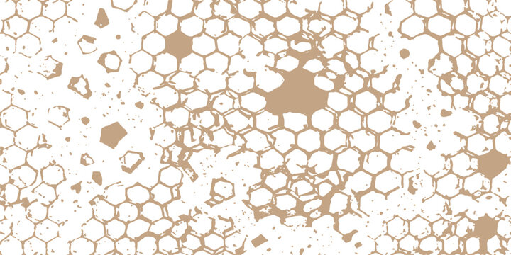 Tan hexagon grid texture grunge background on white. Worn honeycomb cells with a rough texture. Vector design for websites, packaging and cards.