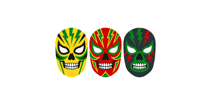 Colorful mexican lucha libre wrestler mask collection with lightning bolt patterns for sporting event themes.