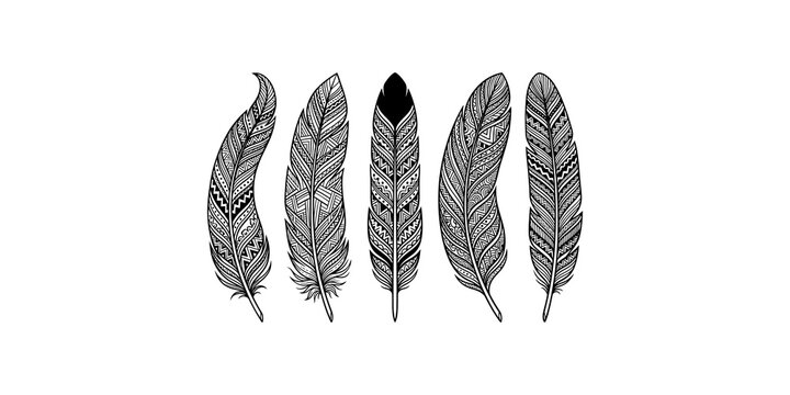Five decorative bird feathers featuring intricate tribal patterns isolated for bohemian style art projects.