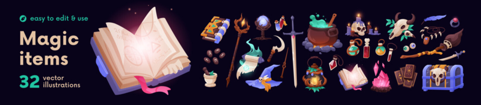 Magic game icons, UI items. Wizard hat, fantasy book, treasure chest, ancient parchment scroll, potion bottle, feather. Magic Halloween icons, items, game assets. Flat cartoon vector illustrations