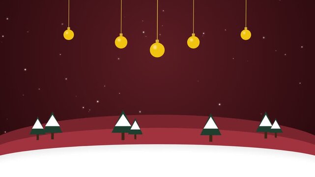 Minimalist Christmas Background with Hanging Ornaments and Snowy Trees