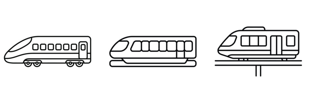 Three linear icons of speed trains and monorails