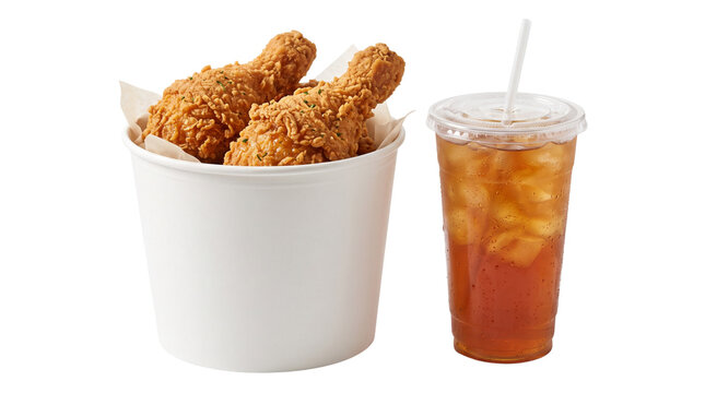 Crispy fried chicken legs in paper bucket, golden breaded poultry with refreshing iced tea, fast food takeaway meal for menu design