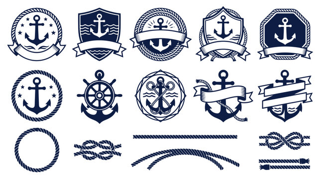 Vintage nautical badges and anchor emblems set, navy blue marine logo vector icons, maritime insignia with ropes and helm for brand design