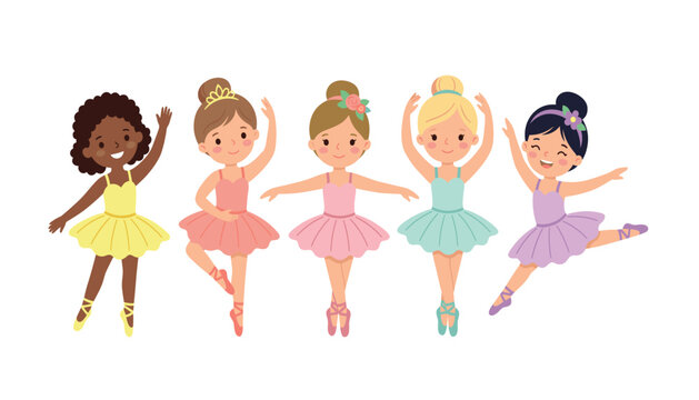 Cute multicultural little ballerina girls dancing in colorful dresses and tutus for kids school party invitation card template vector