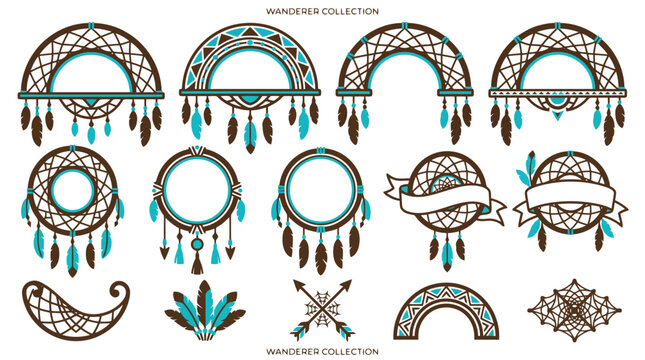 Bohemian dreamcatcher vector set, tribal boho frames and borders, ethnic dream catcher emblems with feathers, native American decorative collection