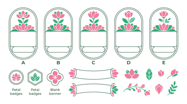 Floral label vector set with pink lotus flower frames, vintage cosmetic packaging badges, elegant blank product tag templates