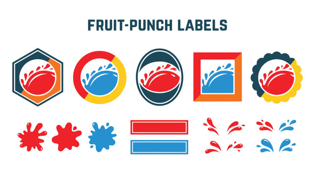 Fruit Punch Labels Vector Set, Juice Splash Badges and Beverage Packaging Emblems, Fresh Drink Logo Design Collection
