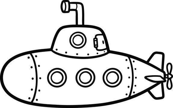 A minimalist black and white illustration depicts a vintage submarine featuring a visible periscope and rear propeller design element