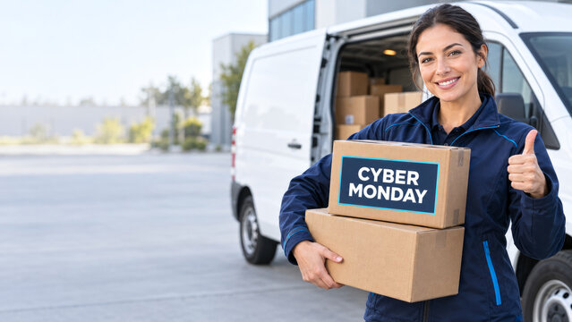 Smiling courier with Cyber Monday parcels beside a delivery van