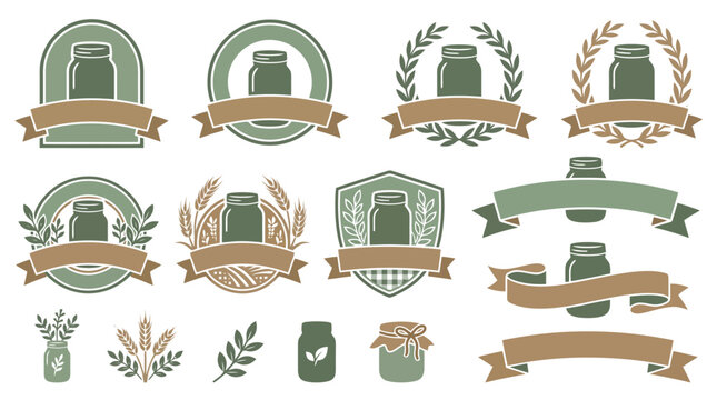 Vintage glass jar logo badges vector set, rustic masonry jar emblems with ribbons, organic food packaging design elements