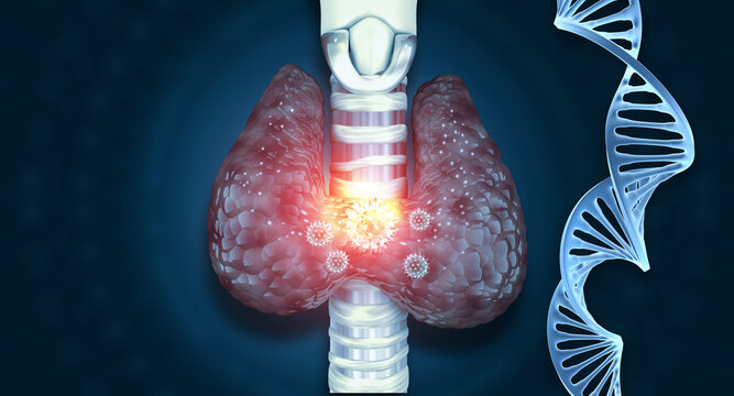 3D thyroid gland anatomy with virus cells and DNA strand visualization on blue scientific background highlighting medical research and biotechnology concepts.