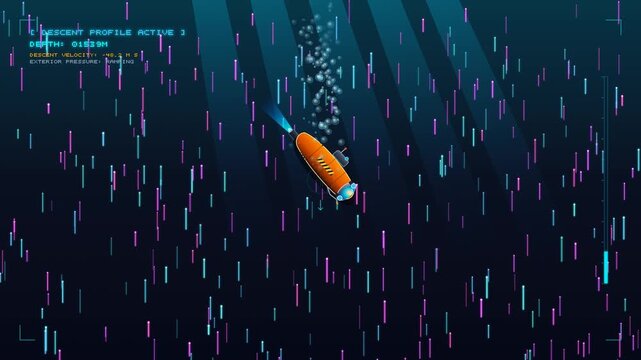 Cinematic 4K atmospheric animation of a research mini-submersible descending from morning mist surface harbor to a 10,000m abyssal trench with twin volumetric floodlights and radiant bioluminescent co