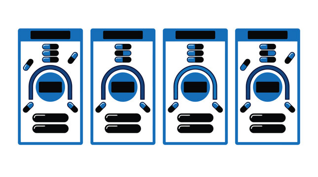 Flat Vector Medical Pill Blister Pack Set, Blue Capsule Medicine Packaging Design, Healthcare Pharmaceutical Icons