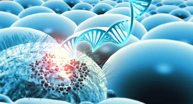 3D cancer cell growth concept with DNA strand visualization illustrating genetic mutation, oncology research, medical science, and biotechnology innovation.