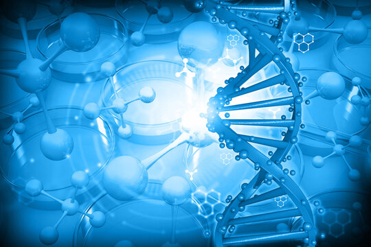 DNA strand with molecular structures on abstract blue scientific background representing genetics, biotechnology, research, and advanced medical science concepts