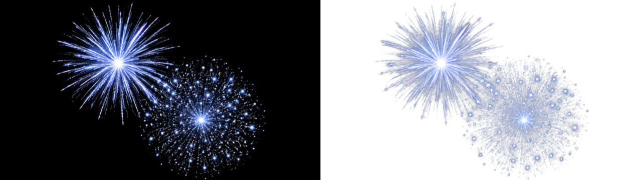 Blue fireworks bursts on black and white backgrounds, glowing festive pyrotechnics for celebration, sparkling light explosions for holiday design