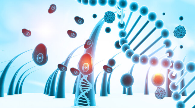 3D human hair follicle anatomy with DNA strand and blood cells on blue background highlighting genetics, biology, and healthcare concepts.