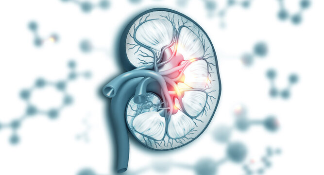 Detailed 3D human kidney cross section anatomy with molecules on blurred scientific background, realistic medical research visualization.