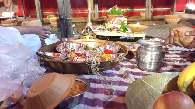 Hindu Religious Ritual with Puja Thali, Flowers, Fruits and Traditional Offerings