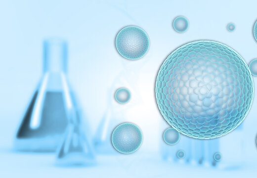 Detailed virus cells on blurred chemistry laboratory background, glowing microscopic particles, infection research and medical science concept.