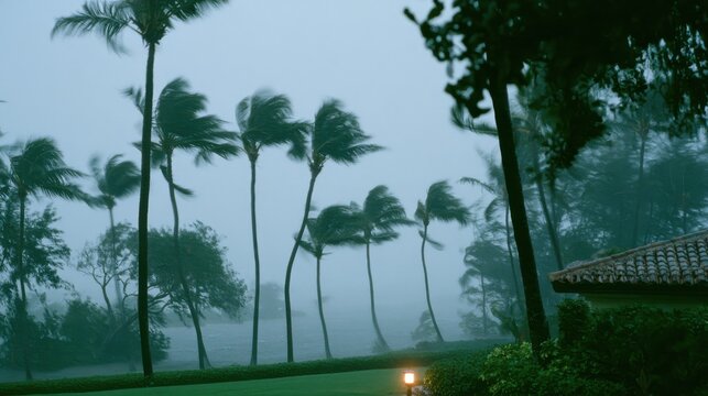 Palm trees swaying in strong winds with fog and a coastal view
