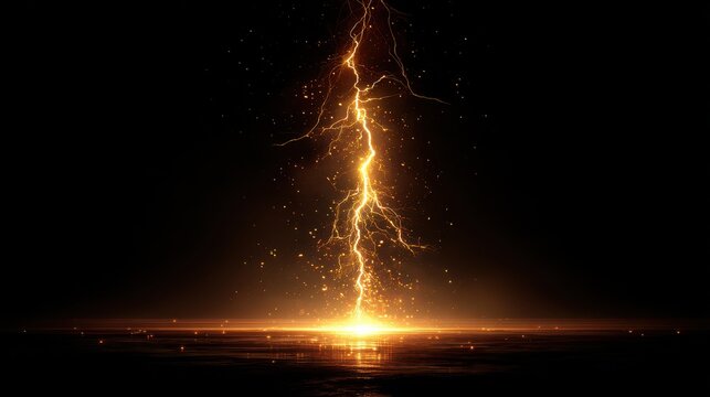 Dramatic lightning bolt strikes over a dark reflective surface strike