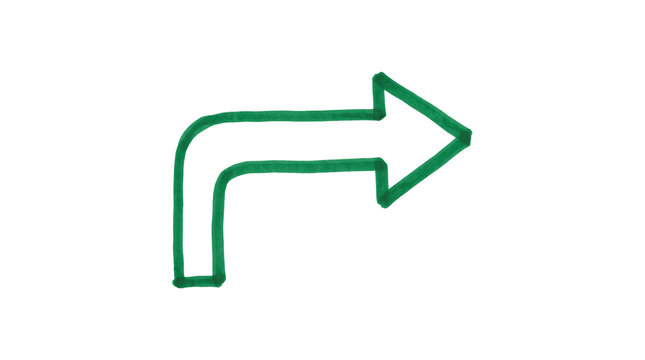 Hand-drawn green marker arrow curves from a vertical position to point towards the right on a plain gray background.