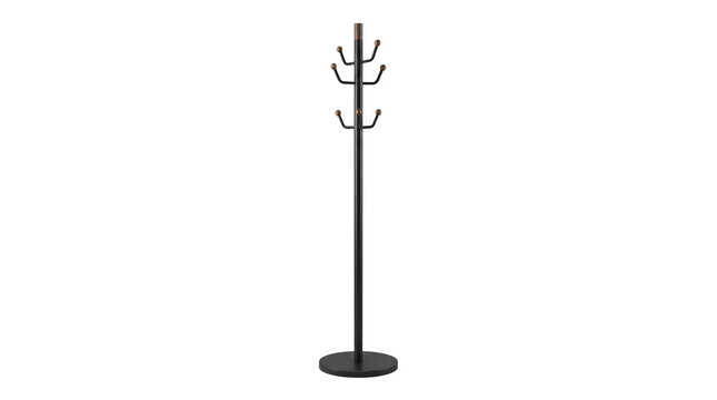 Minimalist black metal coat rack with wooden hooks is perfect for organizing clothing and accessories in an entryway.