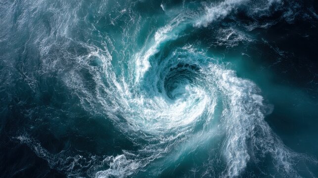 Aerial photograph of a swirling oceanic vortex with foamy white water