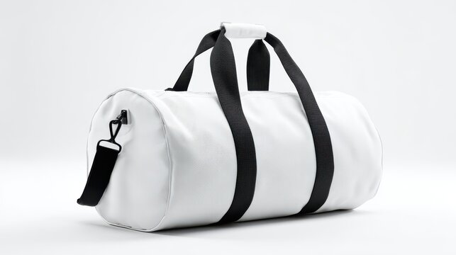White duffel bag with black straps rests on a light gray surface