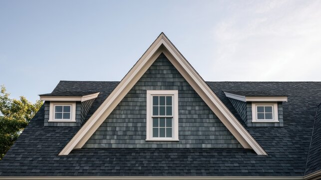 Gabled roof with windows and gray shingle siding against a clear sky