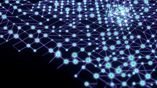 等角投影のサイバー空間で量子ニューラル格子が光輝く抽象CG背景動画