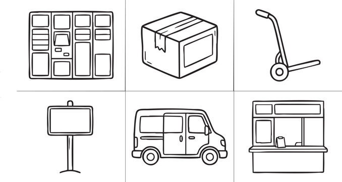 Delivery and logistics line art icons set with parcel locker, cardboard box, hand truck, signpost, cargo van, and pickup point counter
