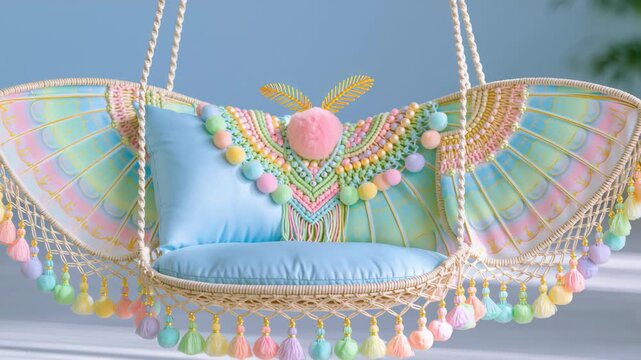 Pastel boho hanging swing chair inspired by delicate moth wings, featuring intricate woven patterns, macrame fringe, colorful pompom accents, and soft blue cushions in a dreamy outdoor setting