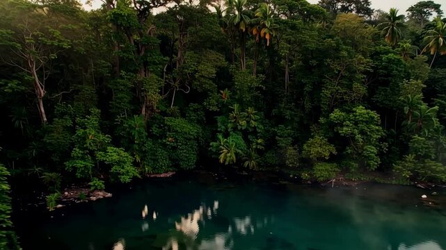 Aerial view moving over dense tropical rainforest and misty turquoise lagoon, revealing layered green canopy, tall palms, reflections, and humid wilderness landscape