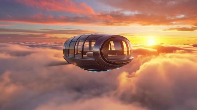 Futuristic glass airship gliding above clouds as its illuminated cabin passes through a glowing sunset sky in a cinematic science fiction aerial scene