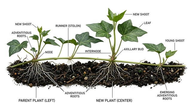 Diagram of Ivy Plant Growth Showing Runners Nodes and Roots on Soil