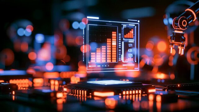 Futuristic robotic hand interacting with a holographic financial dashboard displaying digital charts and data, surrounded by glowing circuitry and vibrant neon lights in a high-tech environment.