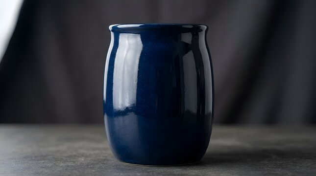Minimalist deep navy blue glossy ceramic jar on dark surface for elegant home decor